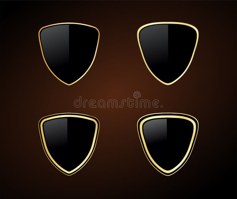 Gold shield set. Emblem signs isolated on dark background. Golden symbol of security, power, protection. royalty free illustration Gold shield set. Emblem signs isolated on dark background. Golden symbol of security, power, protection. royalty free illustration