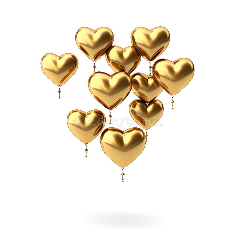 Gold Shiny Balloons in Heart Styles Floating Isolated on White ...