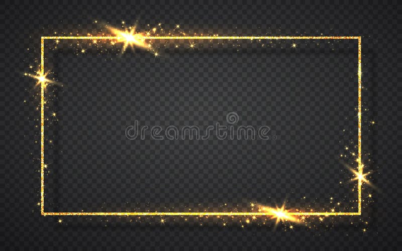 Gold shiny glitter glowing vintage frame with shadows isolated on transparent background. Golden luxury realistic rectangle border