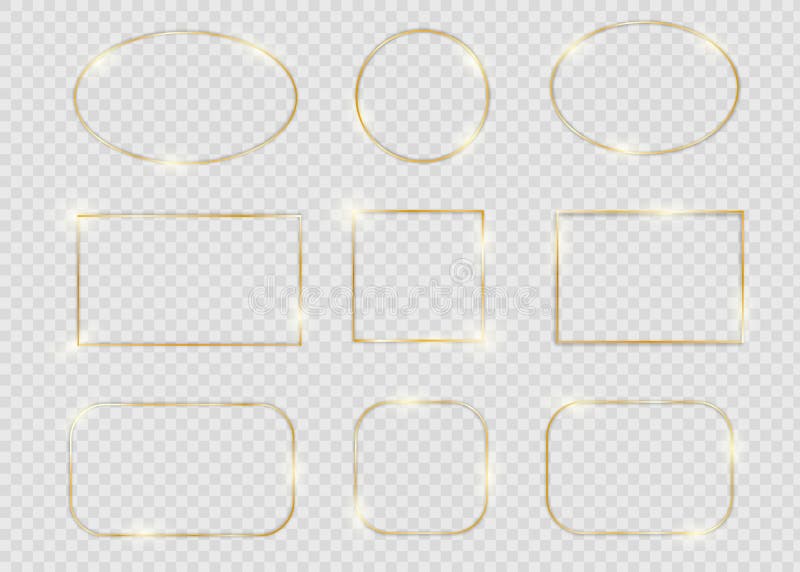 Gold shiny glowing frames set with shadows isolated on transparent background. Pack of luxury round, oval borders stock illustration
