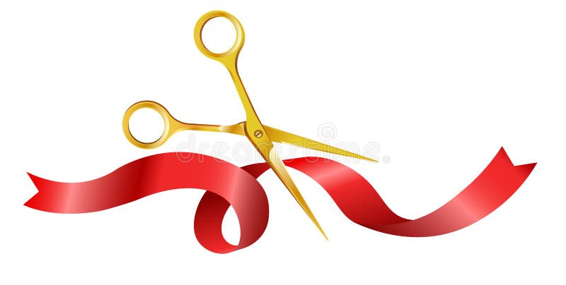 Gold scissors cut red ribbon. Grand opening ceremony, ceremonial