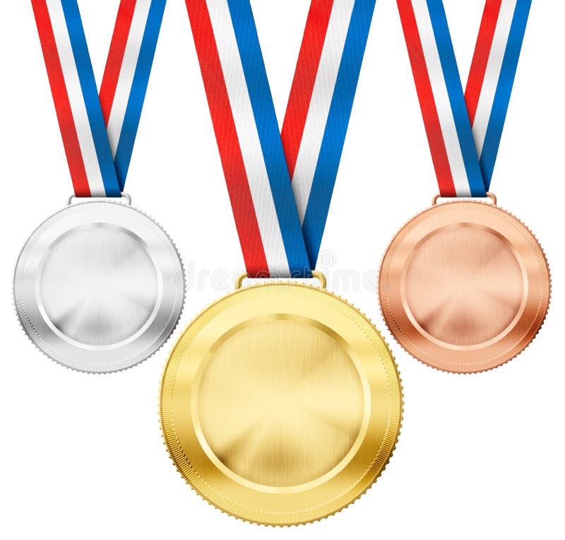 Gold, Silber, Bronzemedaillen mit dreifarbigen Bändern stockbilder Gold, Silber, Bronzemedaillen mit dreifarbigen Bändern stockbilder