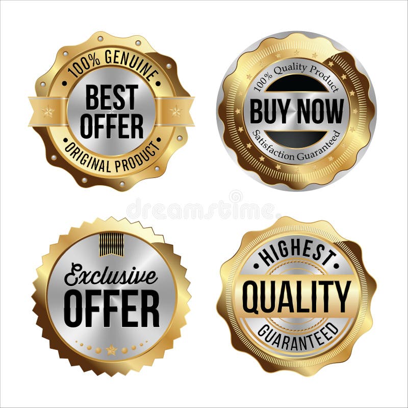 Gold and Silver Badges. Set of Four. Best Offer, Buy Now, Exclusive Offer, Highest Quality.