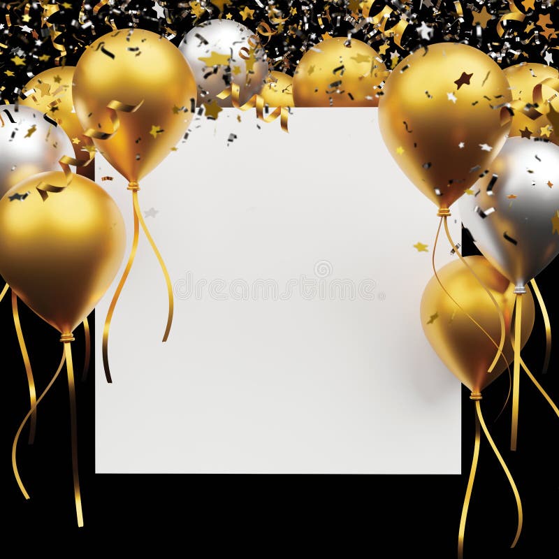 Gold and Silver Balloon with Foil Confetti Falling with Blank Banner on ...