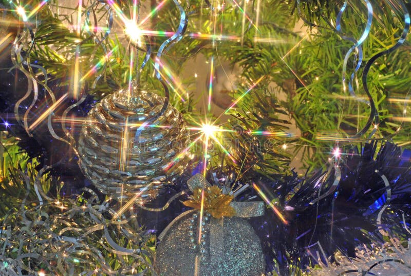 Gold and Silver Christmas Tree Lights and Balls Stock Image Image of