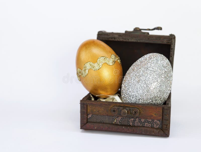 Gold and Silver Easter Egg in Wooden Vintage Box Stock Image Image of