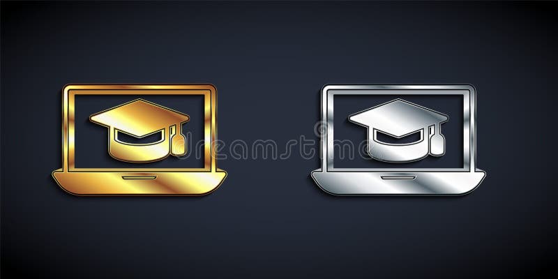 Gold and silver Graduation cap on screen laptop icon isolated on black background. Online learning or e-learning concept stock illustration