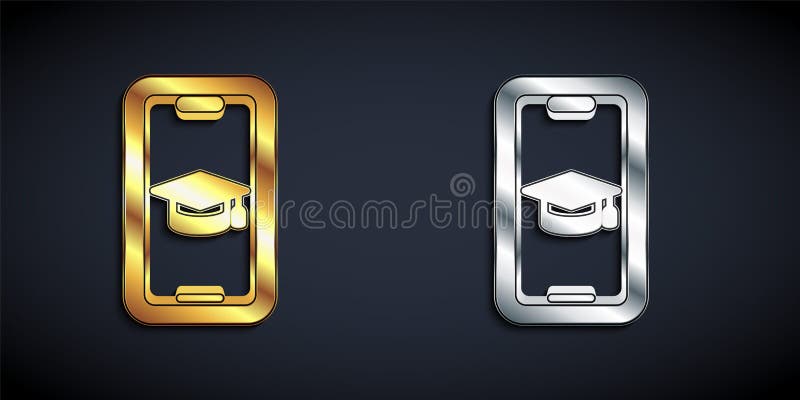 Gold and silver Graduation cap on screen smartphone icon isolated on black background. Online learning or e-learning stock illustration