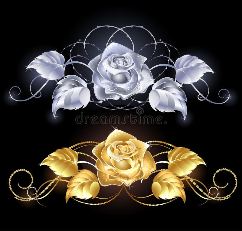 Dvě lesklé, rose gold, zlaté a stříbrné na černém pozadí.
