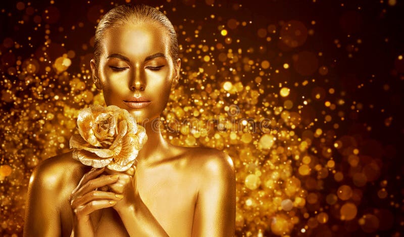 Gold Skin Body Art, Golden Woman Beauty Portrait with Flower, Fashion Make Up