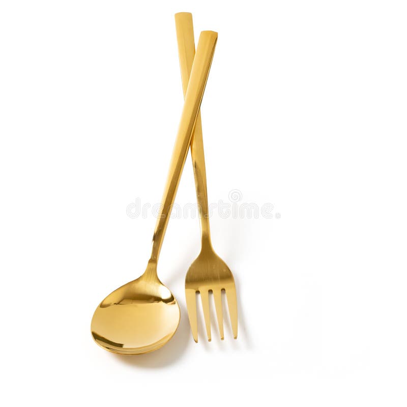 Gold Spoon and Fork Isolate on White Stock Image Image of dining