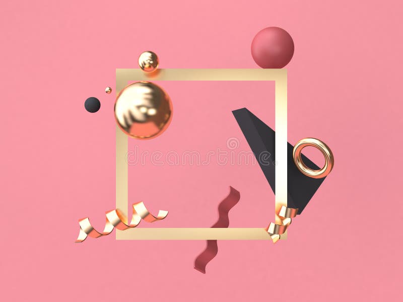 Gold square frame red-pink background minimal abstract geometric shape floating