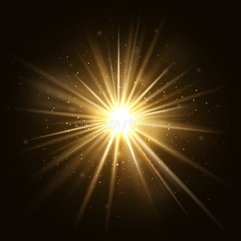 Gold star burst. Golden light explosion isolated on dark background vector illustration