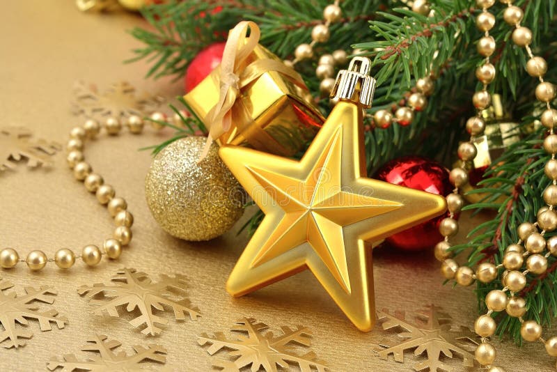 Gold Star and Christmas Decorations Stock Image - Image of gold ...