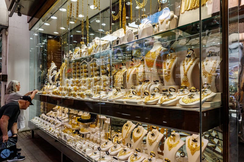 Gold Store Showcase on Gold Souk in Dubai City, United Arab Emirates ...