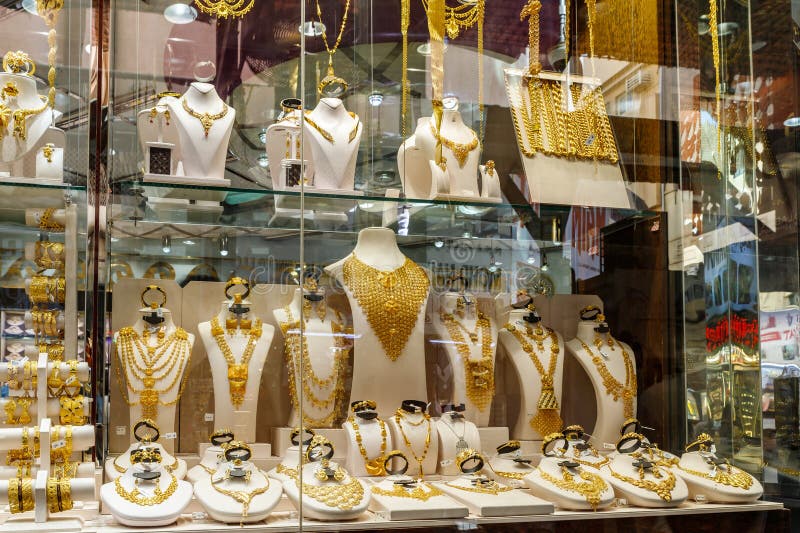 Gold Store Showcase on Gold Souk in Dubai City, United Arab Emirates ...