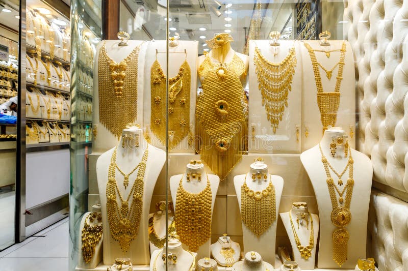 Gold Store Showcase on Gold Souk in Dubai City, United Arab Emirates ...