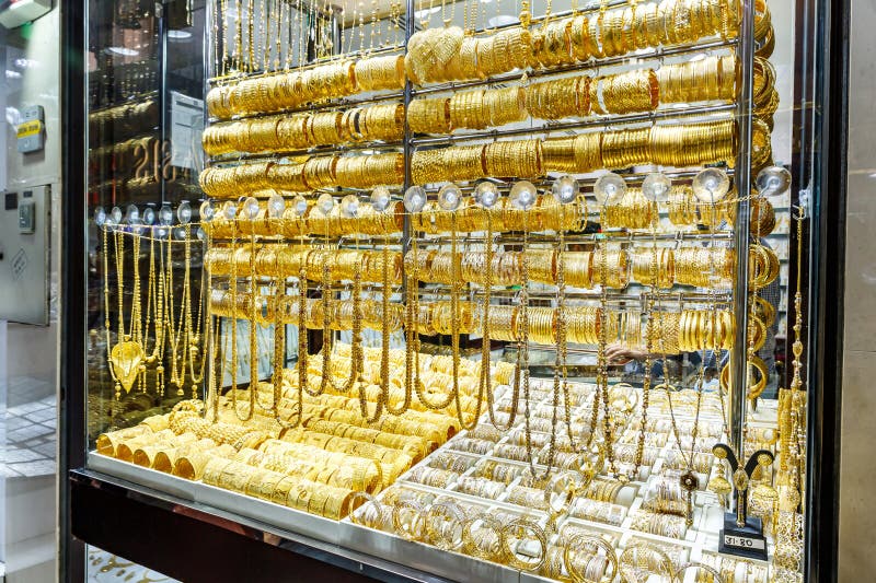 Gold Store Showcase on Gold Souk in Dubai City, United Arab Emirates ...