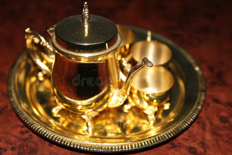 Gold tea set stock photo. Image of still, minting, tray 203479494