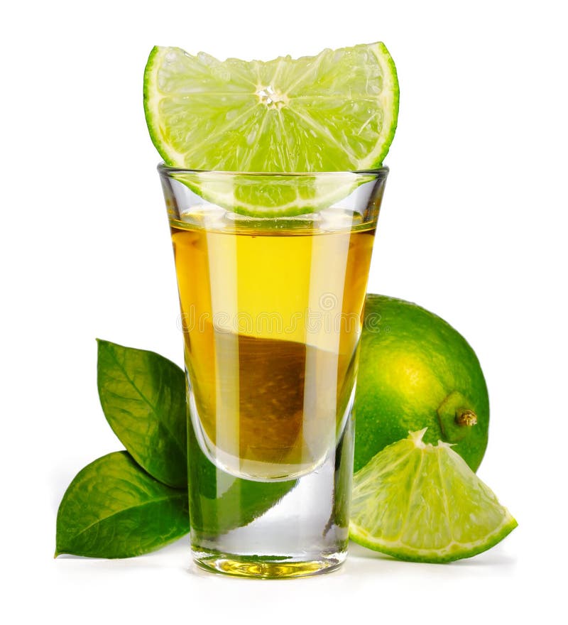 Gold Tequila Shot with Lime Isolated on White Stock Image - Image of ...