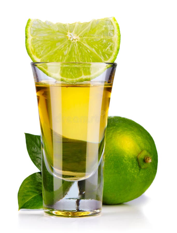 Gold Tequila Shot with Lime Isolated on White Stock Image - Image of ...