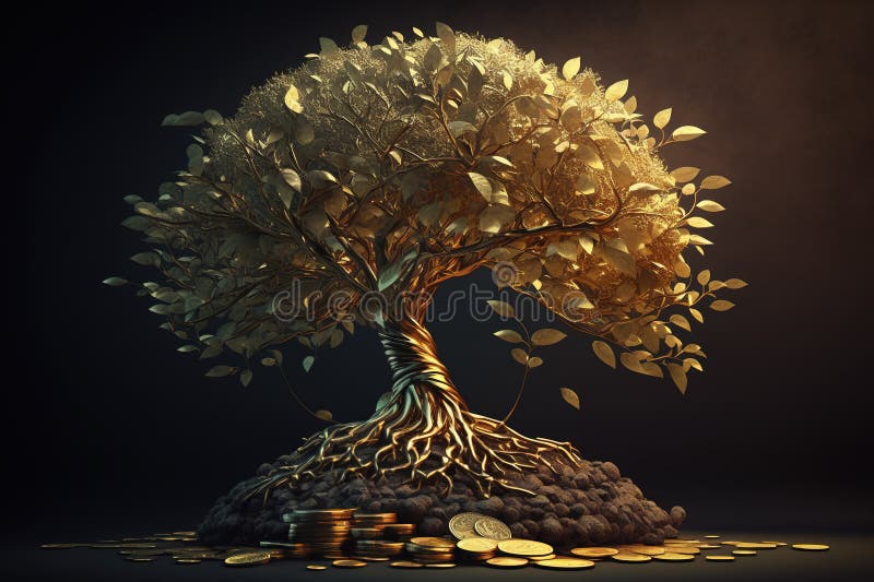 Gold Tree Sprouting from Pile of Coins. AI Generated Stock Illustration