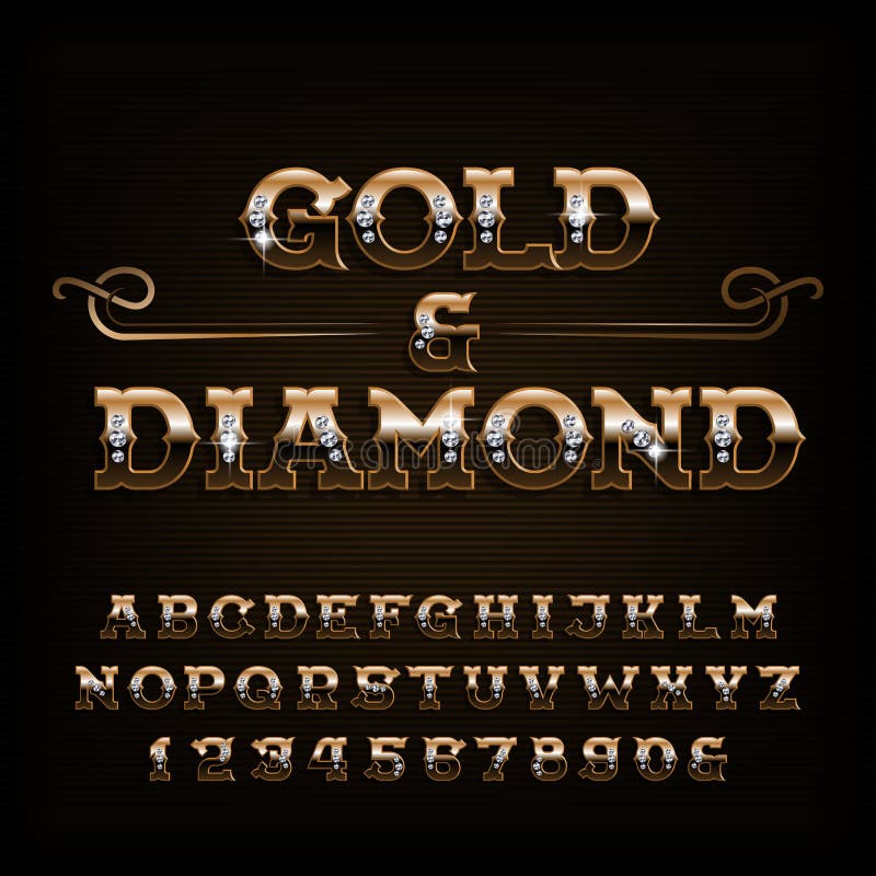 Gold & diamond alphabet font. Ornate golden letters and numbers with diamond gemstone. Stock vector typescript for your design. Gold & diamond alphabet font. Ornate golden letters and numbers with diamond gemstone. Stock vector typescript for your design.