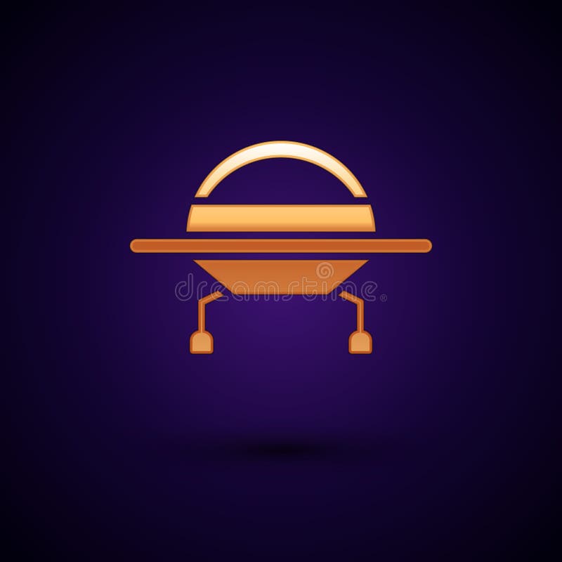 Gold UFO flying spaceship icon isolated on black background. Flying saucer. Alien space ship. Futuristic unknown flying stock illustration Gold UFO flying spaceship icon isolated on black background. Flying saucer. Alien space ship. Futuristic unknown flying stock illustration