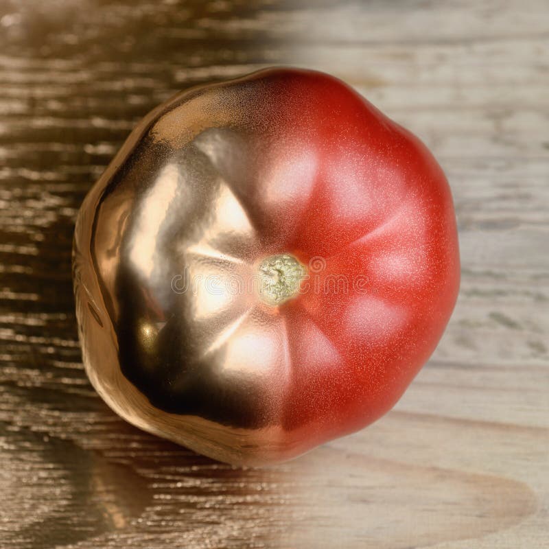 Gold und wirklich halbe gemalte Tomate auf goldenem und hölzernem Hintergrund lizenzfreies stockfoto Gold und wirklich halbe gemalte Tomate auf goldenem und hölzernem Hintergrund lizenzfreies stockfoto