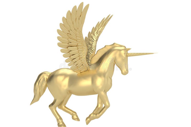 Gold Unicorn Isolated on White Background. 3D Illustration Stock