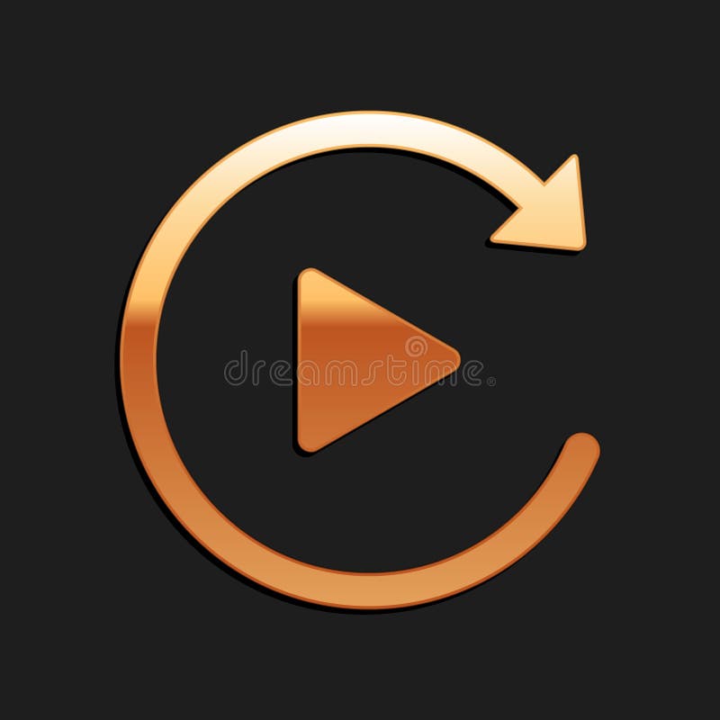 Gold Video play button like simple replay icon isolated on black background. Long shadow style. Vector royalty free illustration
