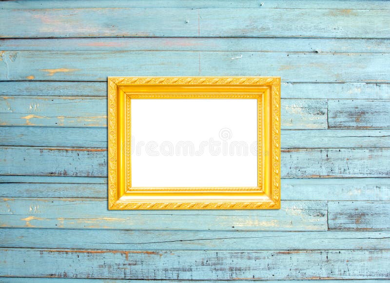Gold Vintage picture frame on blue wood background