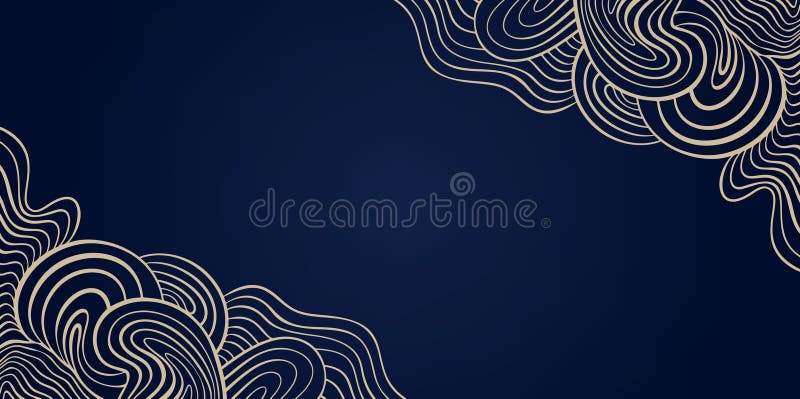 Gold Wave Art Deco Vector Background, Golden Line Wavy Corner Pattern on Elegant Deep Blue, Abstract Curly Backdrop for Decorative royalty free illustration