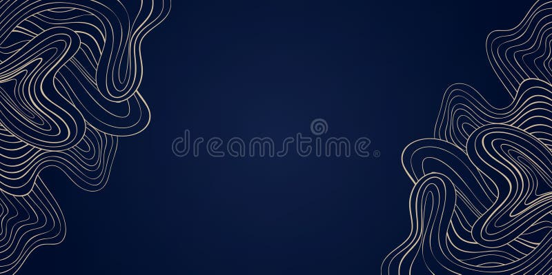 Gold Wave Art Deco Vector Background, Golden Line Wavy Corner Pattern on Elegant Deep Blue, Abstract Curly Backdrop for Decorative royalty free illustration