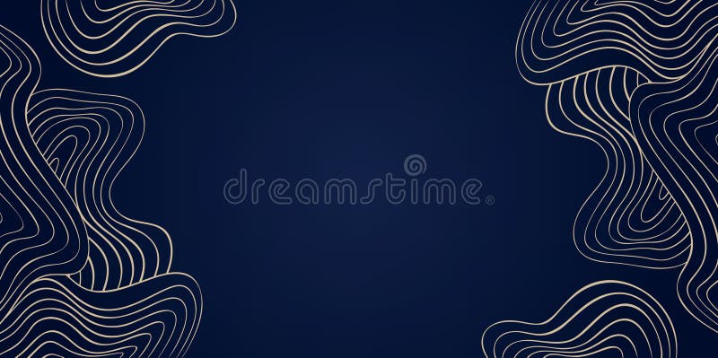 Gold Wave Art Deco Vector Background, Golden Line Wavy Corner Pattern on Elegant Deep Blue, Abstract Curly Backdrop for Decorative royalty free illustration
