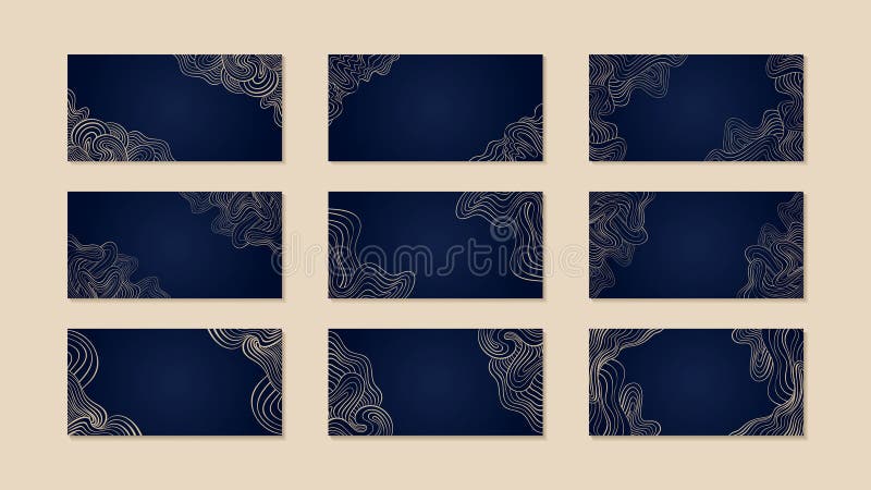 Gold Wave Art Deco Vector Backgrounds Set, Golden Line Wavy Corner Patterns on Elegant Deep Blue, Abstract Curly Backdrops for royalty free illustration