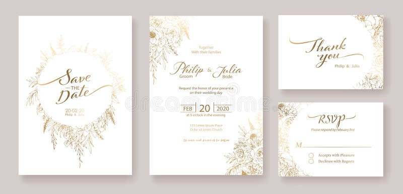 Gold Wedding Invitation, save the date, thank you, rsvp card Design template. Vector. winter flower, Rose, silver dollar, olive