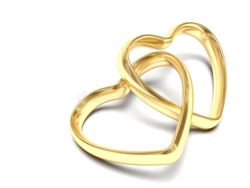Computer generated image of a pair of gold heart shaped wedding rings interlinked to represent marriage. Shaped gift illustrations
