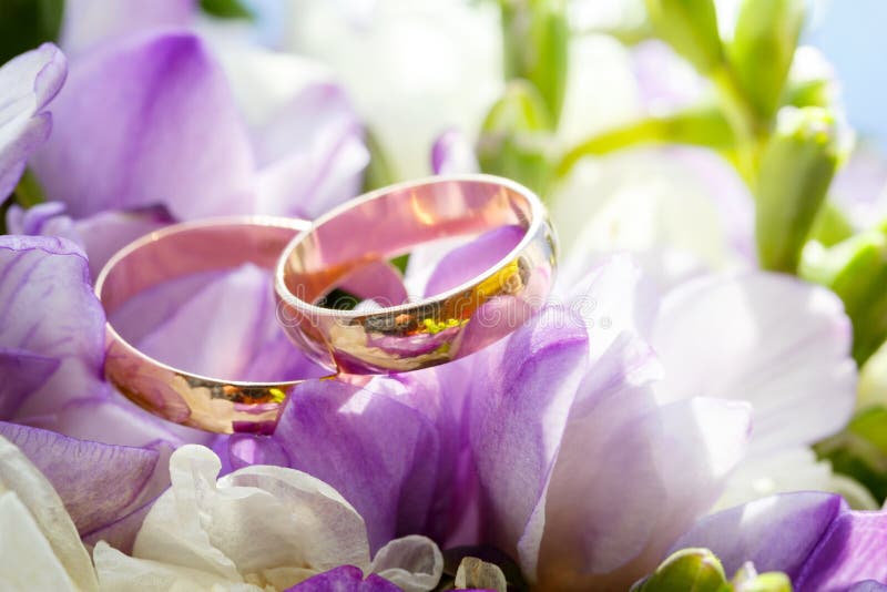 Gold Wedding Rings on Bouquet of Flowers for the Bride Stock Photo