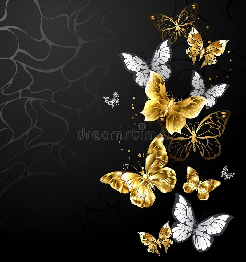 Zlato, šperky a bílý motýli na černém pozadí.