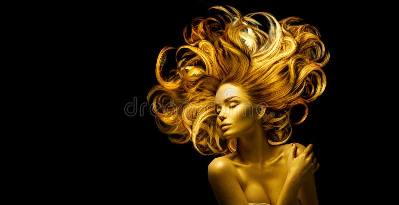 Gold Woman skin and hair, Beauty model girl with Golden make up, Long hair on black background. Gold glowing skin