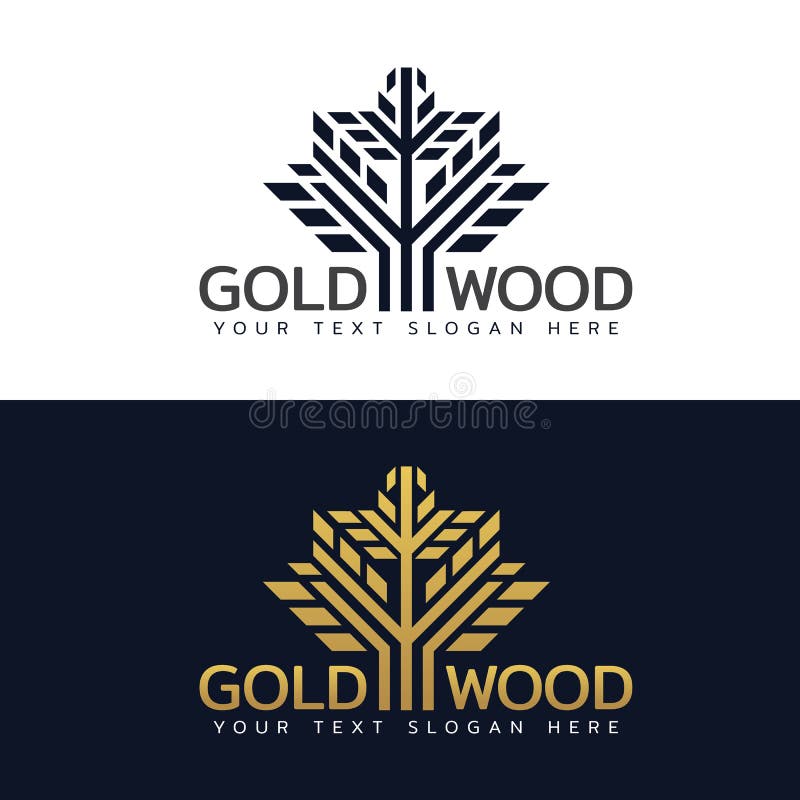 Gold Wood tree logo with line and shape vector art design