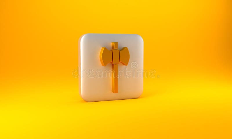 Gold Wooden axe icon isolated on yellow background. Lumberjack axe. Happy Halloween party. Silver square button. 3D render illustration.