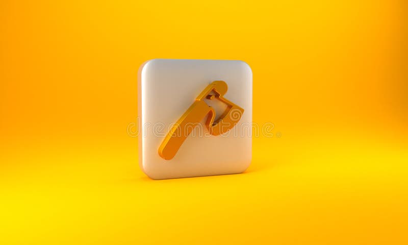 Gold Wooden axe icon isolated on yellow background. Lumberjack axe. Silver square button. 3D render illustration.