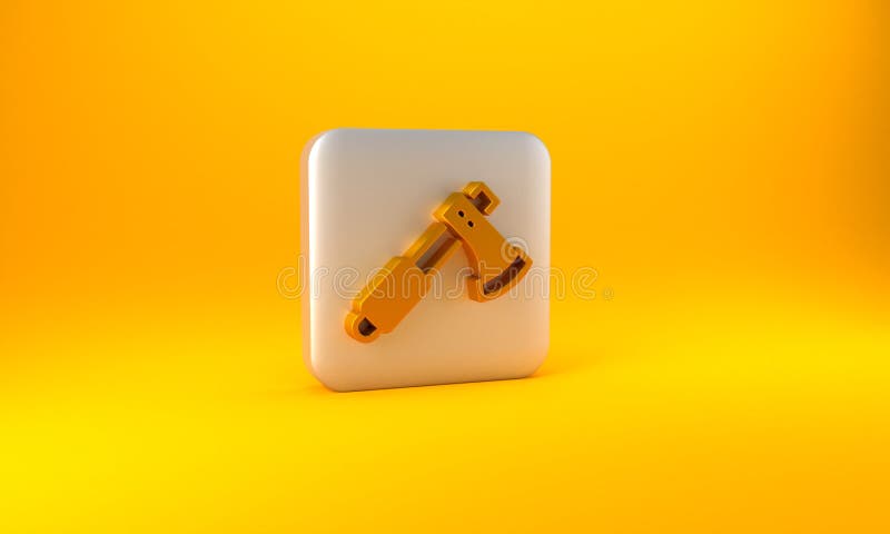 Gold Wooden axe icon isolated on yellow background. Lumberjack axe. Silver square button. 3D render illustration.