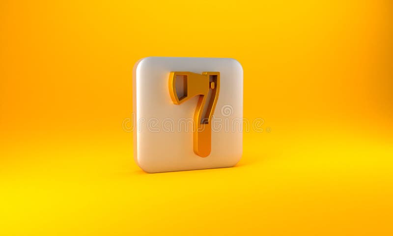 Gold Wooden axe icon isolated on yellow background. Lumberjack axe. Silver square button. 3D render illustration.