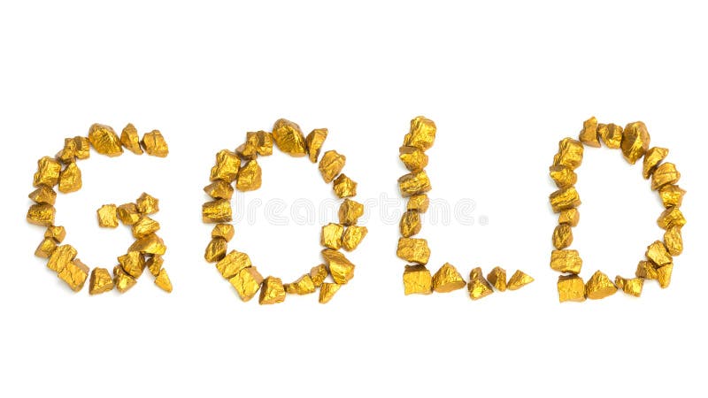 GOLD word text arranged by gold nuggets on white background, business and industrial concept. Idea royalty free stock photos