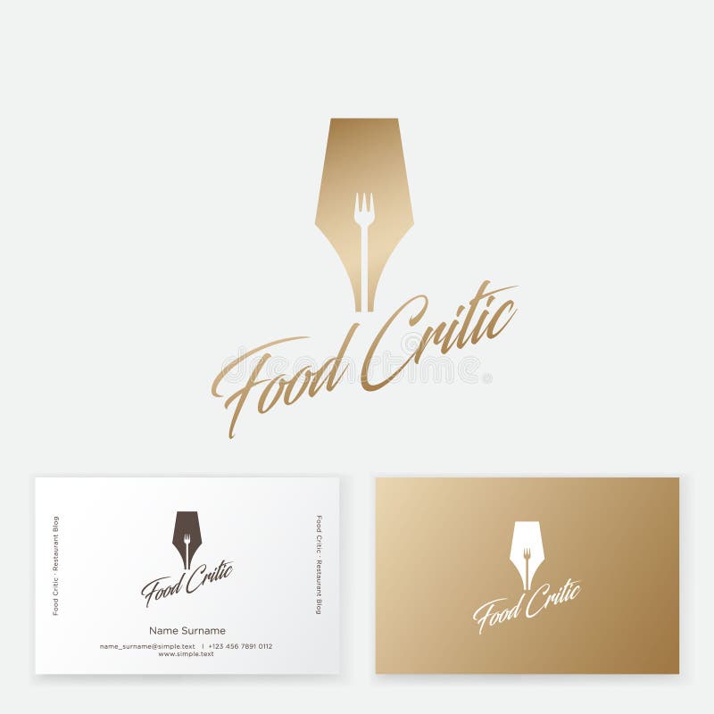 Gold writing pen with a fork silhouette in the slot. Logo for food critic. Cook blog concept. stock illustration