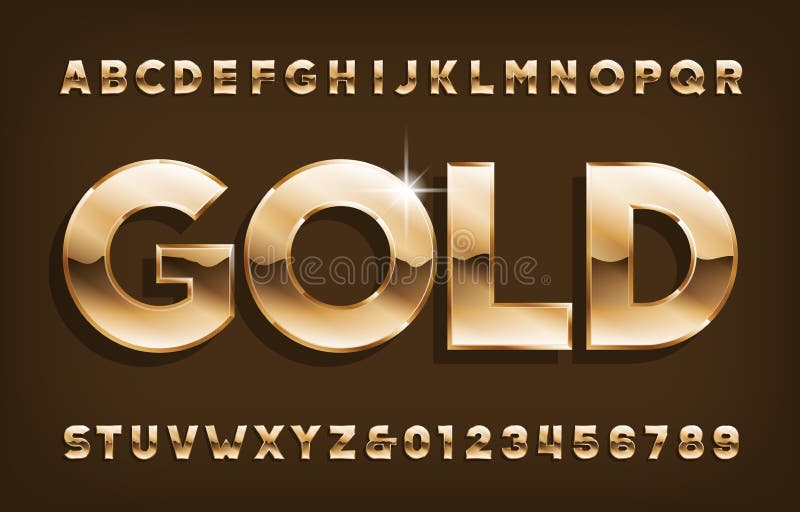 Gold alphabet font. Shining golden letters and numbers with shadow. Stock vector typescript for your design. Gold alphabet font. Shining golden letters and numbers with shadow. Stock vector typescript for your design.