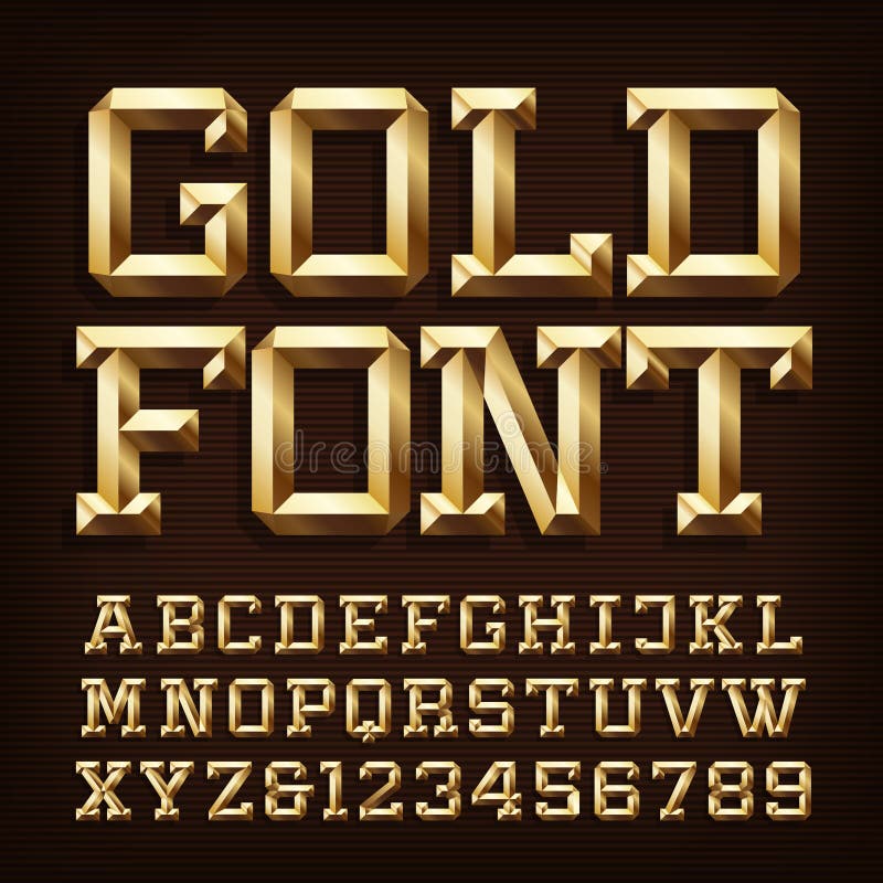 Gold alphabet font. 3d gold letters and numbers with bevel. Stock vector typescript for your typography design. Gold alphabet font. 3d gold letters and numbers with bevel. Stock vector typescript for your typography design.